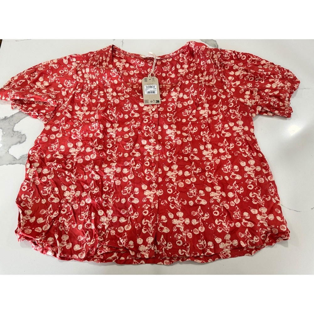 FatFace Red‎ Floral Puff Sleeve V Neck Blouse Womens Size 14 Cottagecore